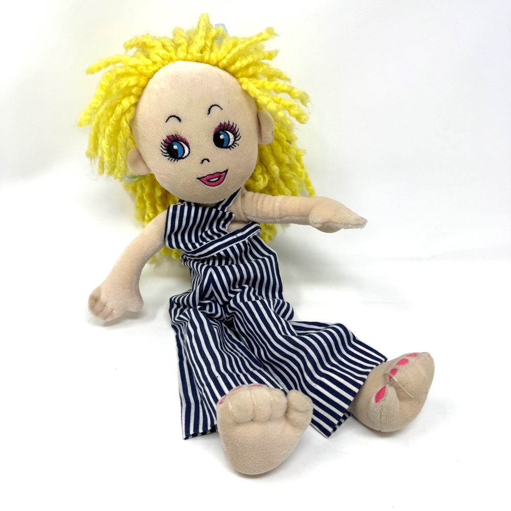 Build-A-Bear Friends 2B Made Doll Girl 15" Yellow Yarn Hair Striped Jumpsuit Y2K
